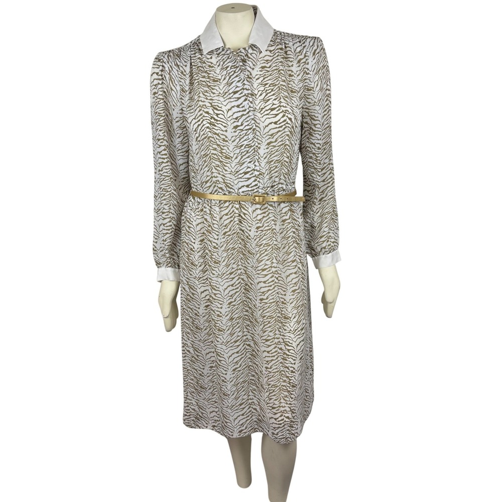 Vintage 90s Animal Print Shirt Dress Gold White Midi Office Safari Secretary